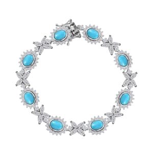Sleeping Beauty Turquoise and White Zircon 14.85 ctw Sunburst Halo Bracelet in Rhodium Over Sterling Silver (7.25 In)