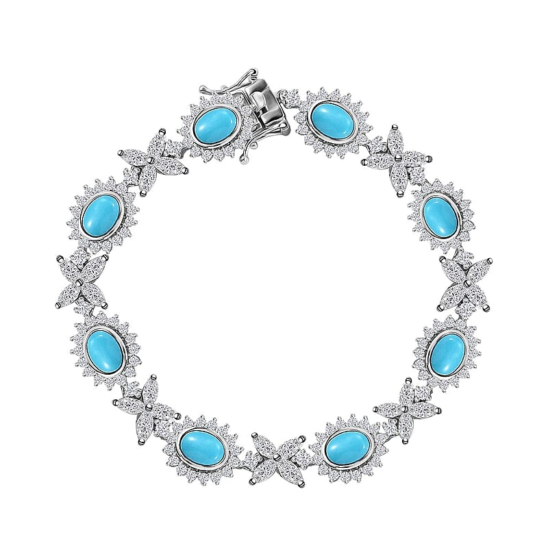 D'Joy Sleeping Beauty Turquoise and White Zircon 14.85 ctw Sunburst Halo Bracelet in Rhodium Over Sterling Silver (7.25 In)