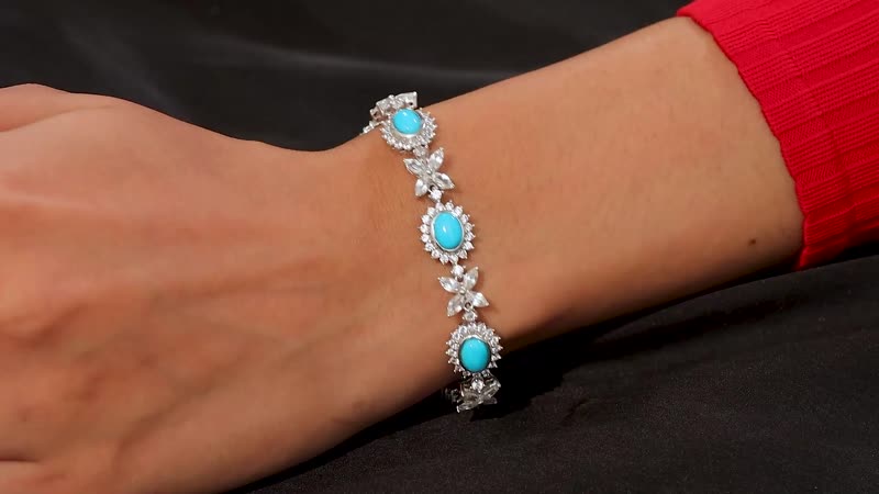 TLV Sleeping Beauty Turquoise, White Zircon Sunburst Halo Bracelet in Rhodium Over Sterling Silver (7.25 In) 14.90 ctw