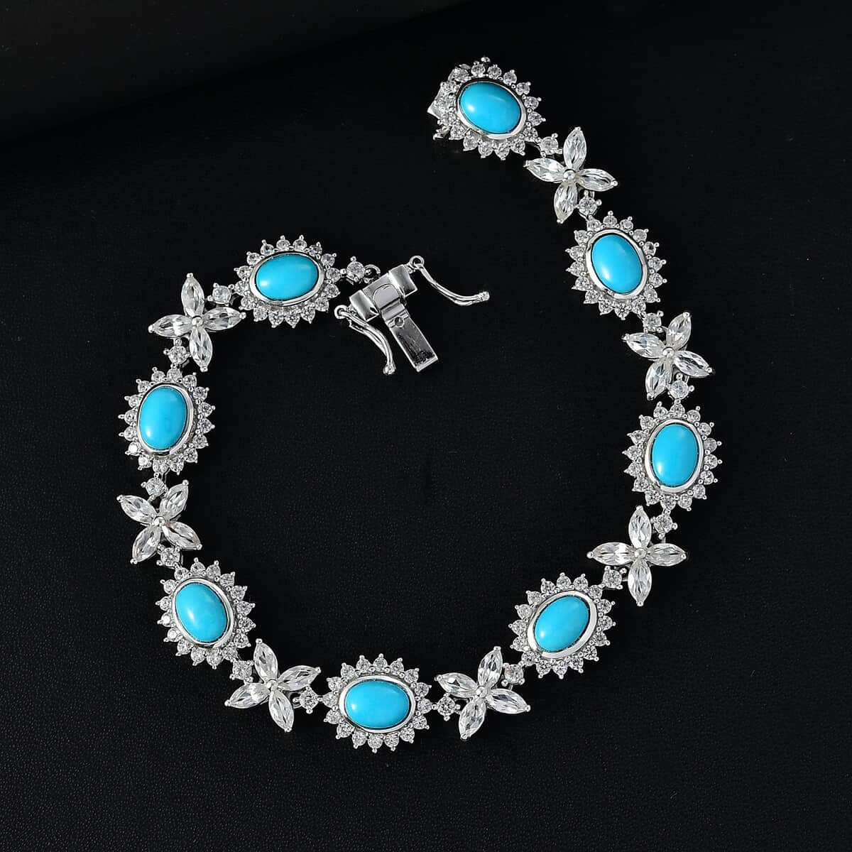 Sleeping Beauty Turquoise and White Zircon 16.80 ctw Sunburst Halo Bracelet in Rhodium Over Sterling Silver (7.25 In) image number 1