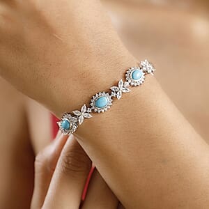 D'Joy Sleeping Beauty Turquoise and White Zircon 14.85 ctw Sunburst Halo Bracelet in Rhodium Over Sterling Silver (7.25 In)