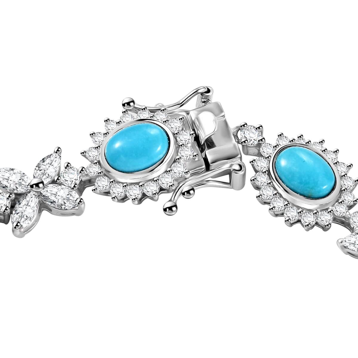 Sleeping Beauty Turquoise and White Zircon 16.80 ctw Sunburst Halo Bracelet in Rhodium Over Sterling Silver (7.25 In) image number 3