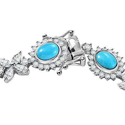 D'Joy Sleeping Beauty Turquoise and White Zircon 14.85 ctw Sunburst Halo Bracelet in Rhodium Over Sterling Silver (7.25 In)