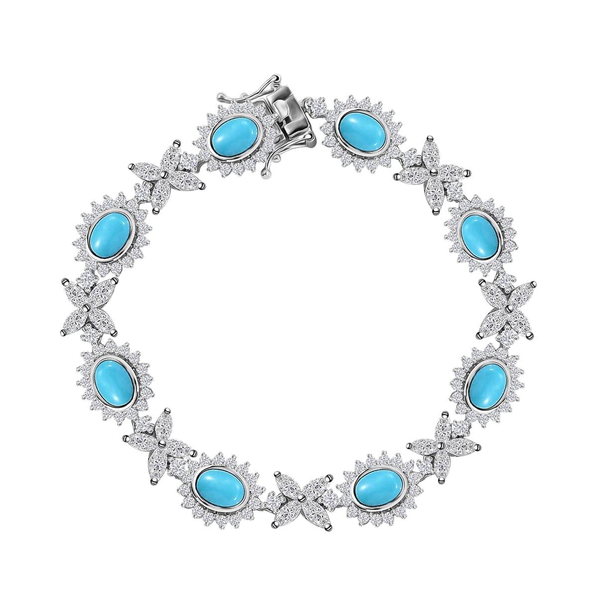 Sleeping Beauty Turquoise and White Zircon 13.35 ctw Sunburst Halo Bracelet in Rhodium Over Sterling Silver (6.50 In) image number 0