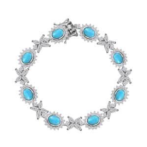 Sleeping Beauty Turquoise and White Zircon 13.35 ctw Sunburst Halo Bracelet in Rhodium Over Sterling Silver (6.50 In)