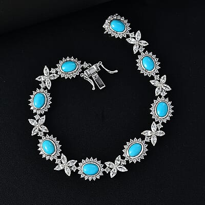 Sleeping Beauty Turquoise and White Zircon 13.35 ctw Sunburst Halo Bracelet in Rhodium Over Sterling Silver (6.50 In)