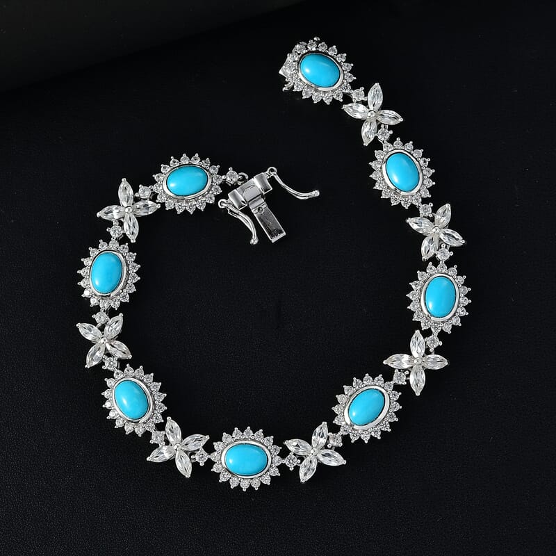 Sleeping Beauty Turquoise and White Zircon 13.35 ctw Sunburst Halo Bracelet in Rhodium Over Sterling Silver (6.50 In)
