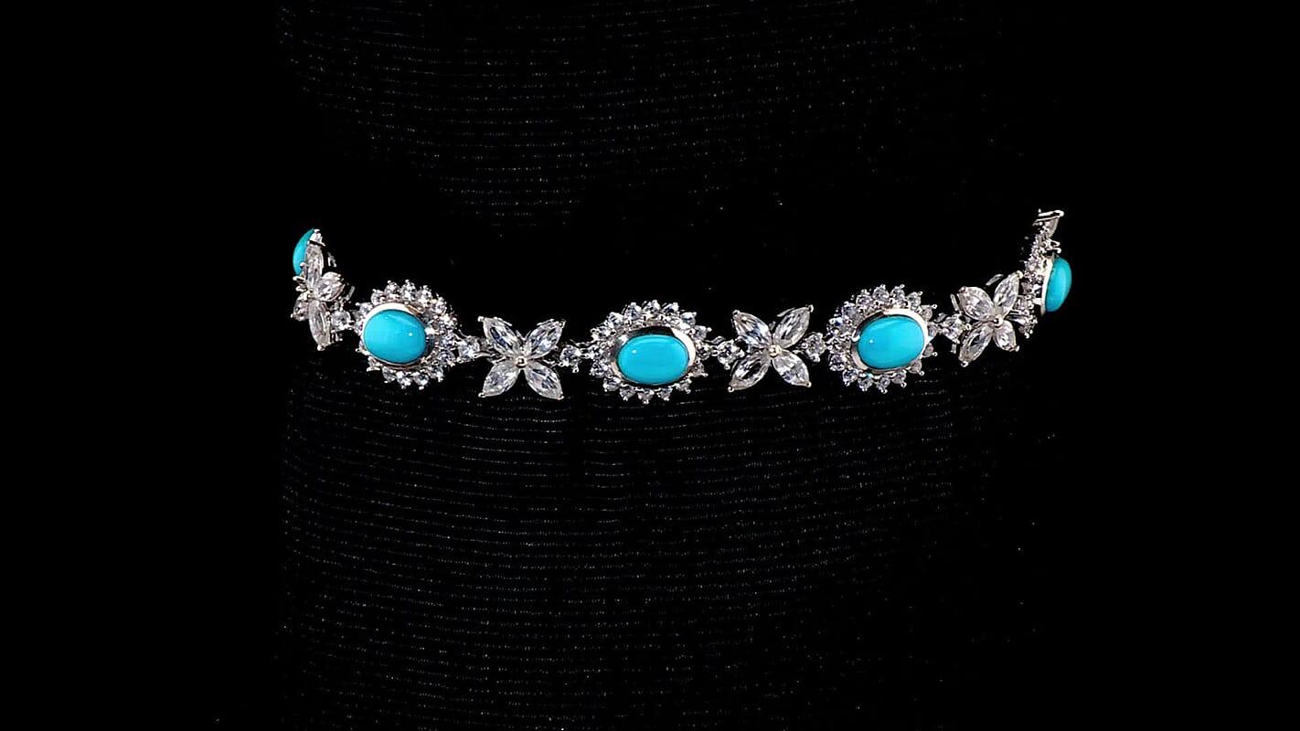 Sleeping Beauty Turquoise and White Zircon 13.35 ctw Sunburst Halo Bracelet in Rhodium Over Sterling Silver (6.50 In)