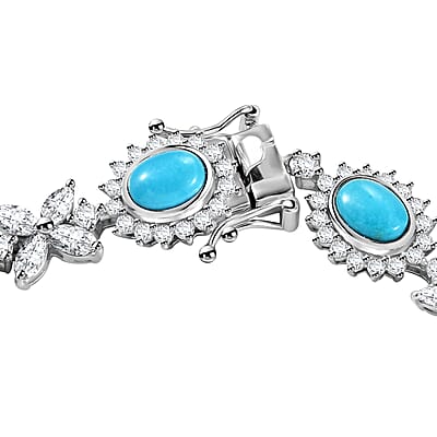 Sleeping Beauty Turquoise and White Zircon 13.35 ctw Sunburst Halo Bracelet in Rhodium Over Sterling Silver (6.50 In)