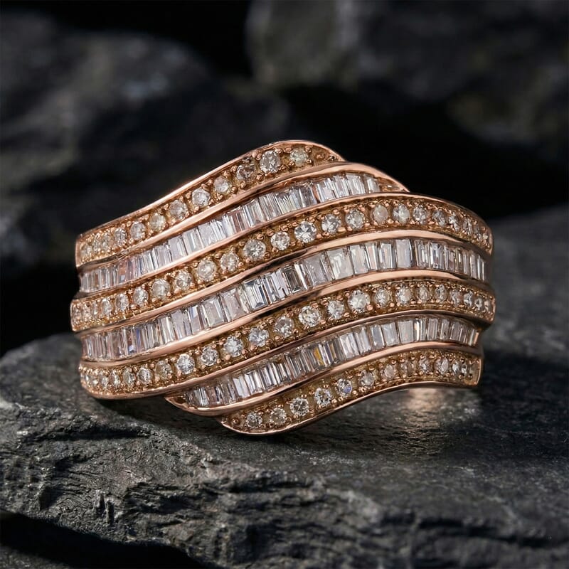 D'Joy Natural Champagne Diamond 1.00 ctw Wave Motion Ring in 18K Vermeil Rose Gold Over Sterling Silver (Size 6.0)
