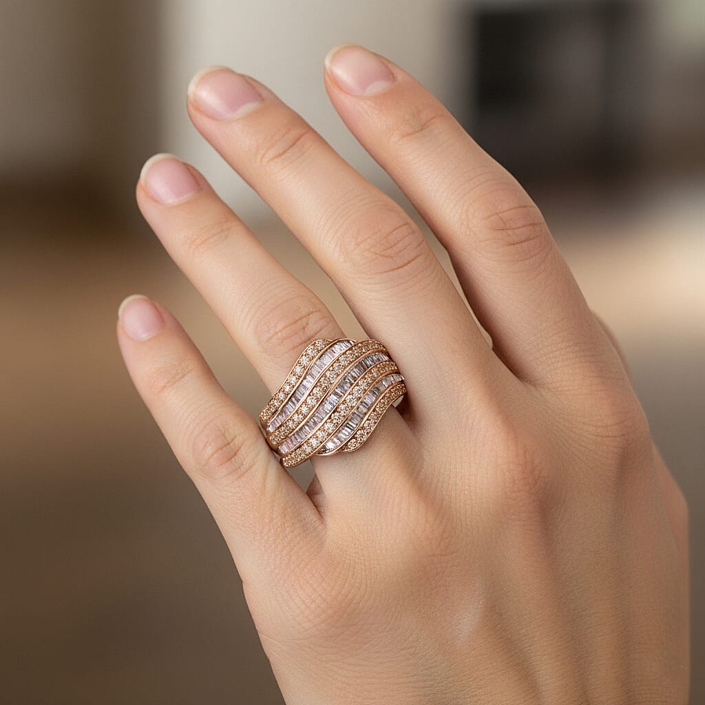 D'Joy Natural Champagne Diamond 1.00 ctw Wave Motion Ring in 18K Vermeil Rose Gold Over Sterling Silver (Size 6.0)
