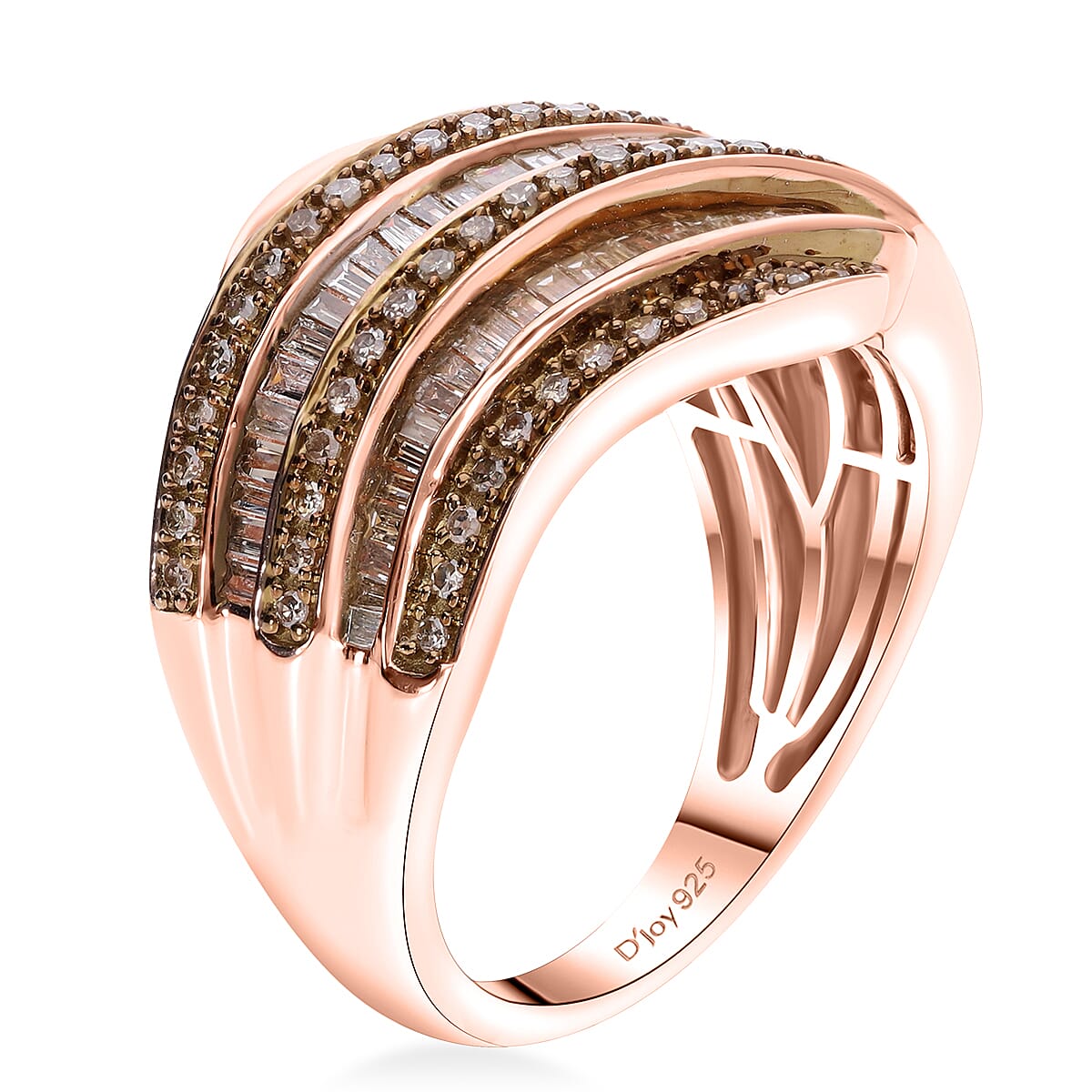 D'Joy Natural Champagne Diamond 1.00 ctw Wave Motion Ring in 18K Vermeil Rose Gold Over Sterling Silver (Size 6.0)