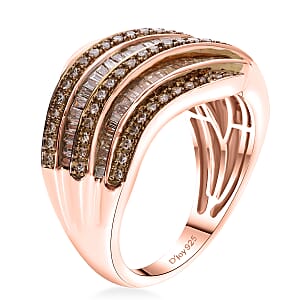 D'Joy Natural Champagne Diamond 1.00 ctw Wave Motion Ring in 18K Vermeil Rose Gold Over Sterling Silver (Size 6.0)