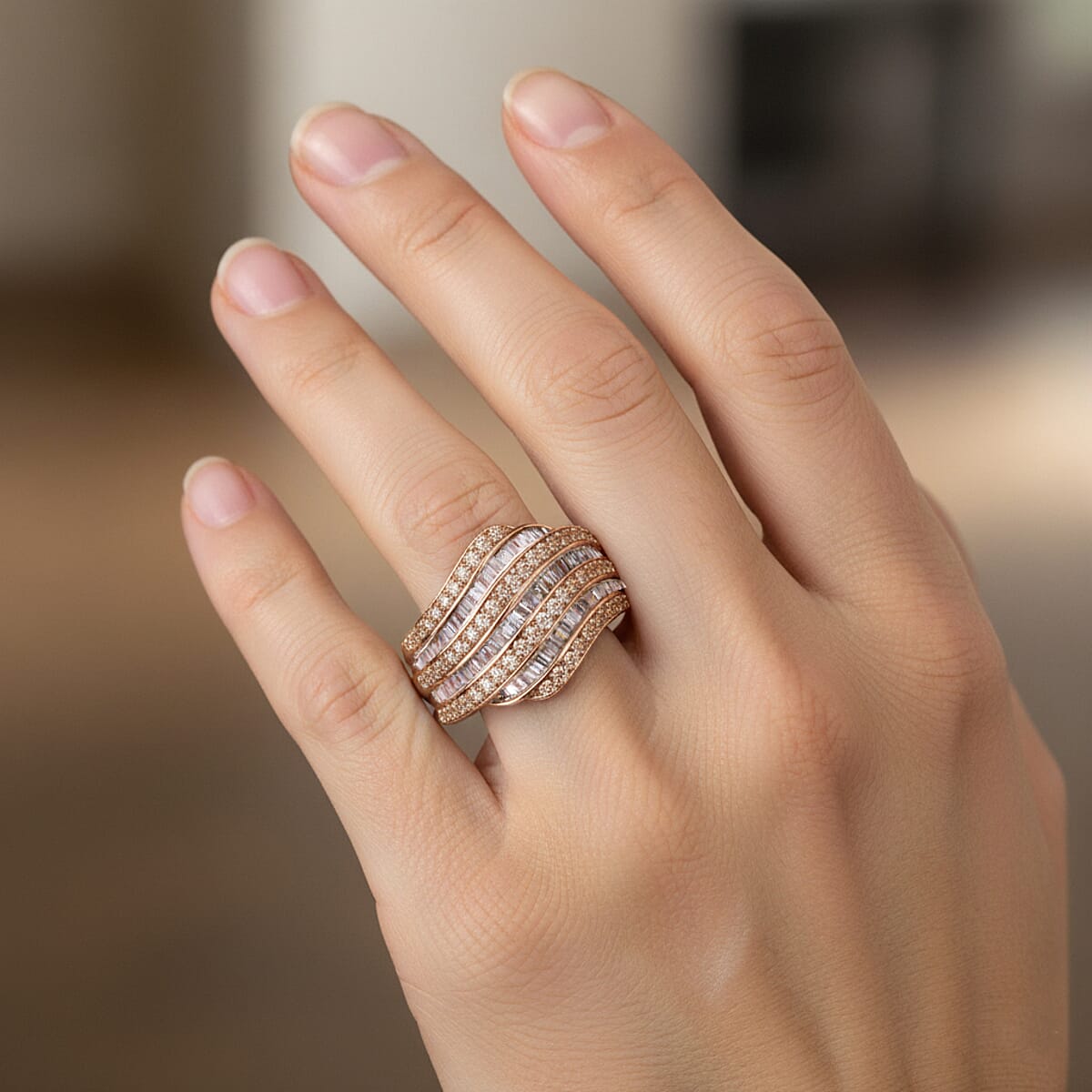 Natural Champagne Diamond 1.00 ctw Wave Motion Ring in Vermeil Rose Gold Over Sterling Silver (Size 8.0) image number 2