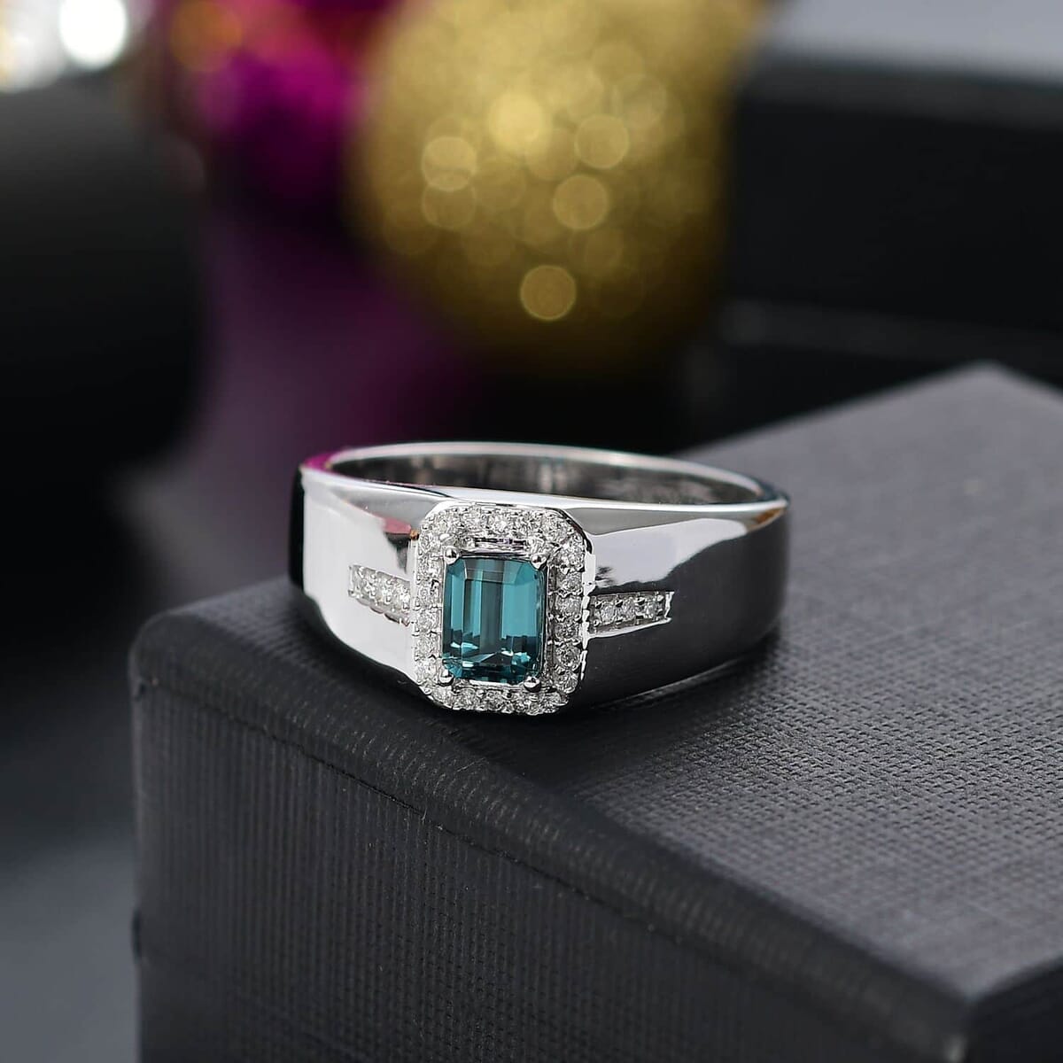 Luxoro 14K White Gold AAA Pirineu Lagoon Tourmaline, Diamond (G-H, I2) (0.20 cts) Men's Ring (Size 11.5) (7 g) 0.90 ctw image number 1