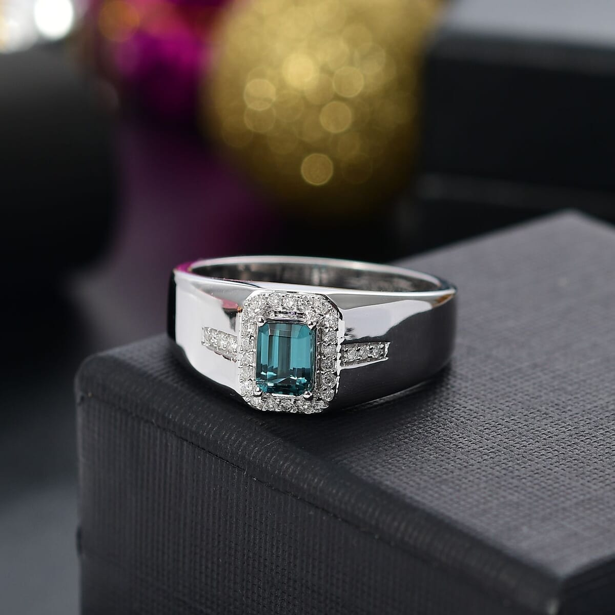 Luxoro AAA Pirineu Lagoon Tourmaline and G-H I2 Diamond 0.90 ctw Men's Ring in 14K White Gold (Size 14.0) 7 Grams image number 1