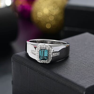 Luxoro 14K White Gold AAA Pirineu Lagoon Tourmaline, Diamond (G-H, I2) (0.20 cts) Men's Ring (Size 15.5) (7 g) 0.90 ctw