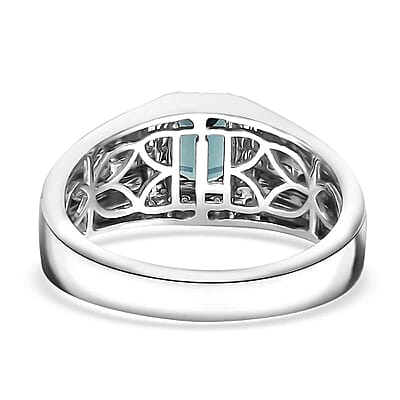 Luxoro 14K White Gold AAA Pirineu Lagoon Tourmaline, Diamond (G-H, I2) (0.20 cts) Men's Ring (Size 15.5) (7 g) 0.90 ctw