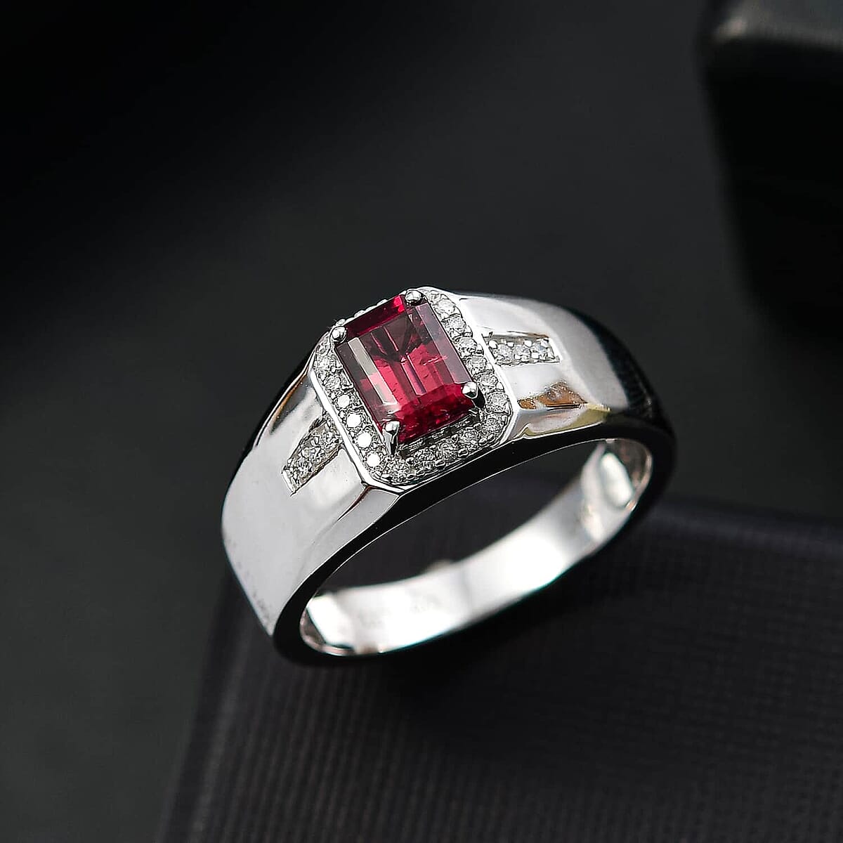 Luxoro 14K White Gold AAA Ouro Fino Rubellite, Diamond (G-H, I2) (0.20 cts) Men's Ring (Size 11.5) (6.10 g) 1.20 ctw image number 1