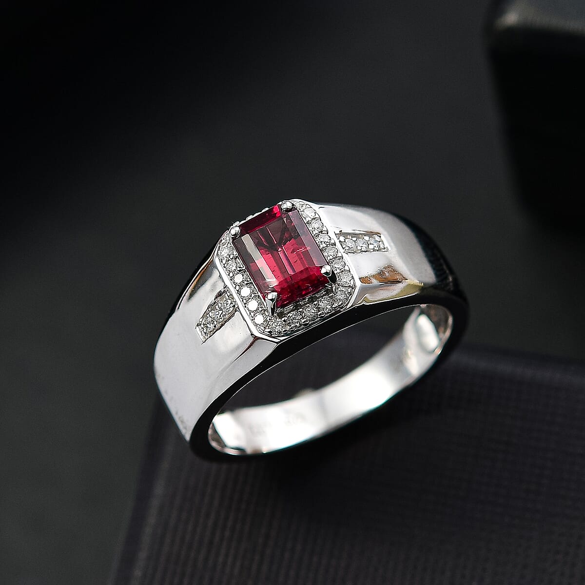 Luxoro AAA Ouro Fino Rubellite and G-H I2 Diamond 1.20 ctw Men's Ring in 14K White Gold (Size 12.0) 6.10 Grams image number 1