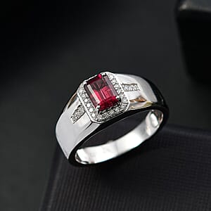 Luxoro AAA Ouro Fino Rubellite and G-H I2 Diamond 1.20 ctw Men's Ring in 14K White Gold (Size 12.0) 6.10 Grams