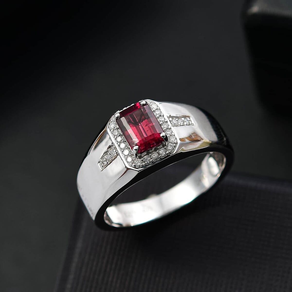 Luxoro 14K White Gold AAA Ouro Fino Rubellite, Diamond (G-H, I2) (0.20 cts) Men's Ring (Size 14.0) (6.10 g) 1.20 ctw image number 1