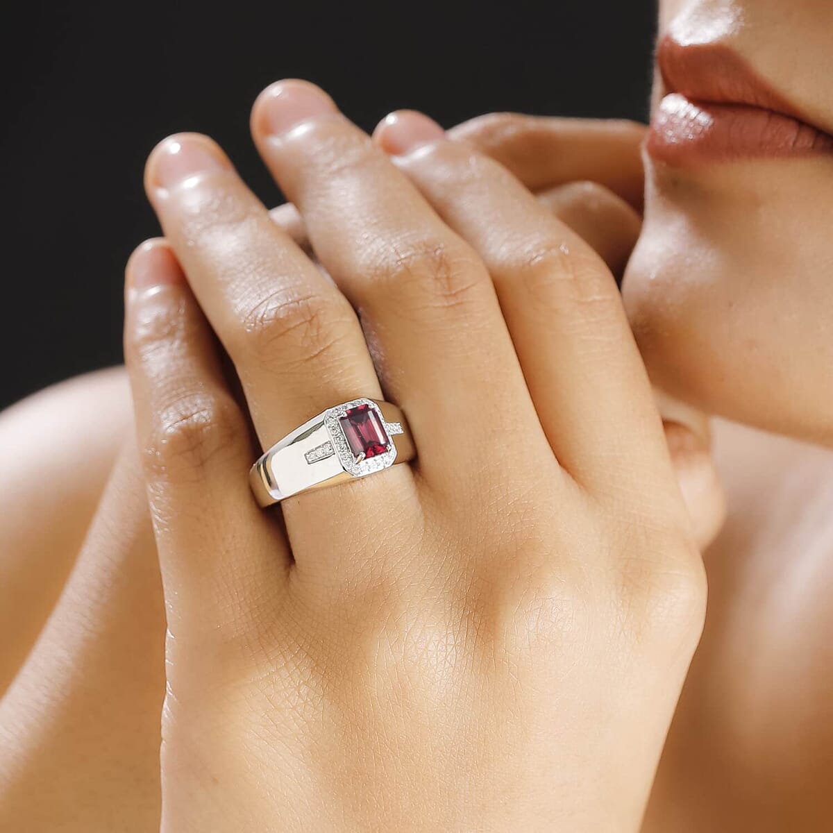 Luxoro 14K White Gold AAA Ouro Fino Rubellite, Diamond (G-H, I2) (0.20 cts) Men's Ring (Size 14.0) (6.10 g) 1.20 ctw image number 2