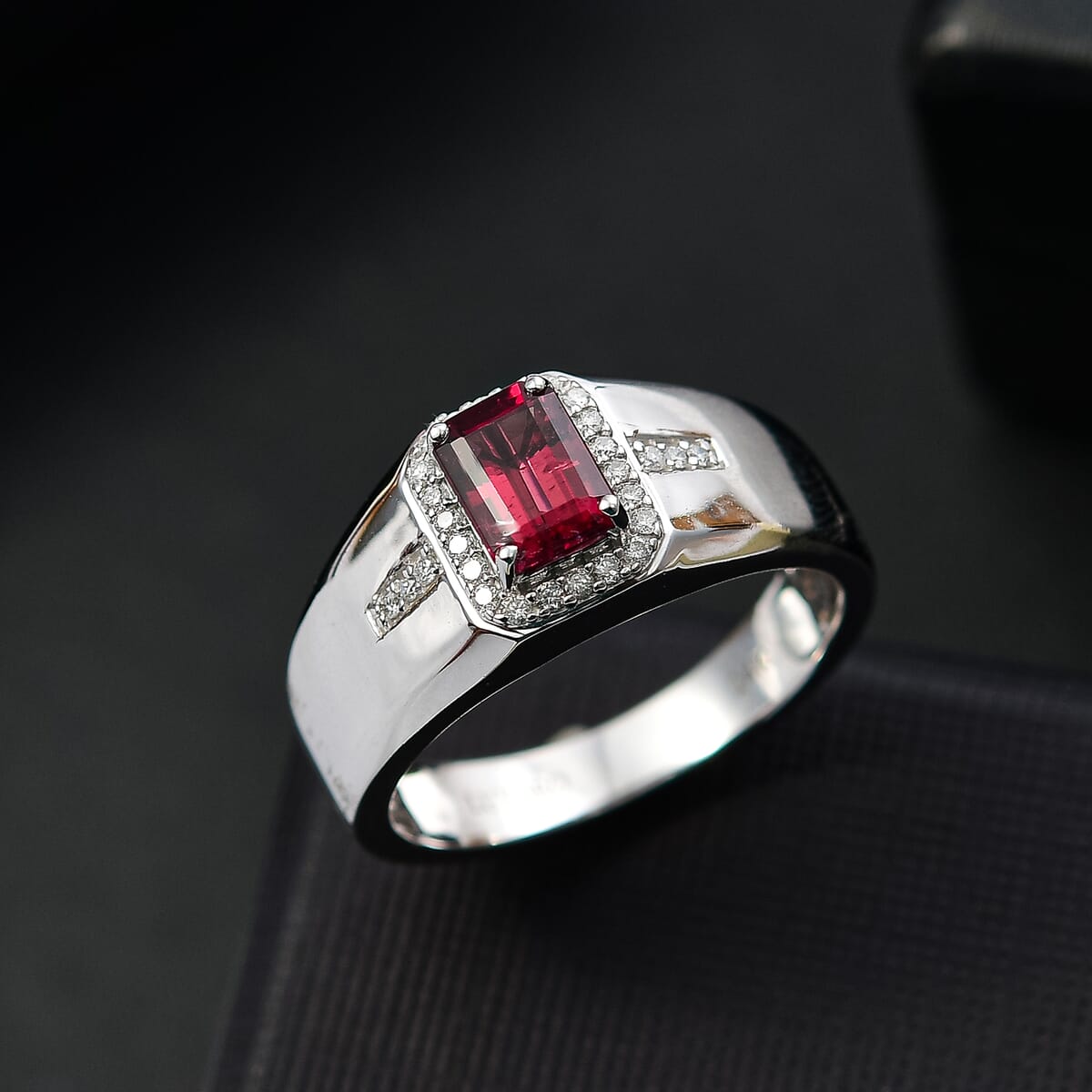 Luxoro AAA Ouro Fino Rubellite and G-H I2 Diamond 1.20 ctw Men's Ring in 14K White Gold (Size 9.0) 6.10 Grams image number 1