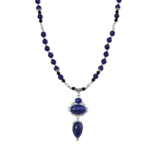 Lapis Lazuli 190.00 ctw and Black Glass Necklace in Silvertone 20 Inches