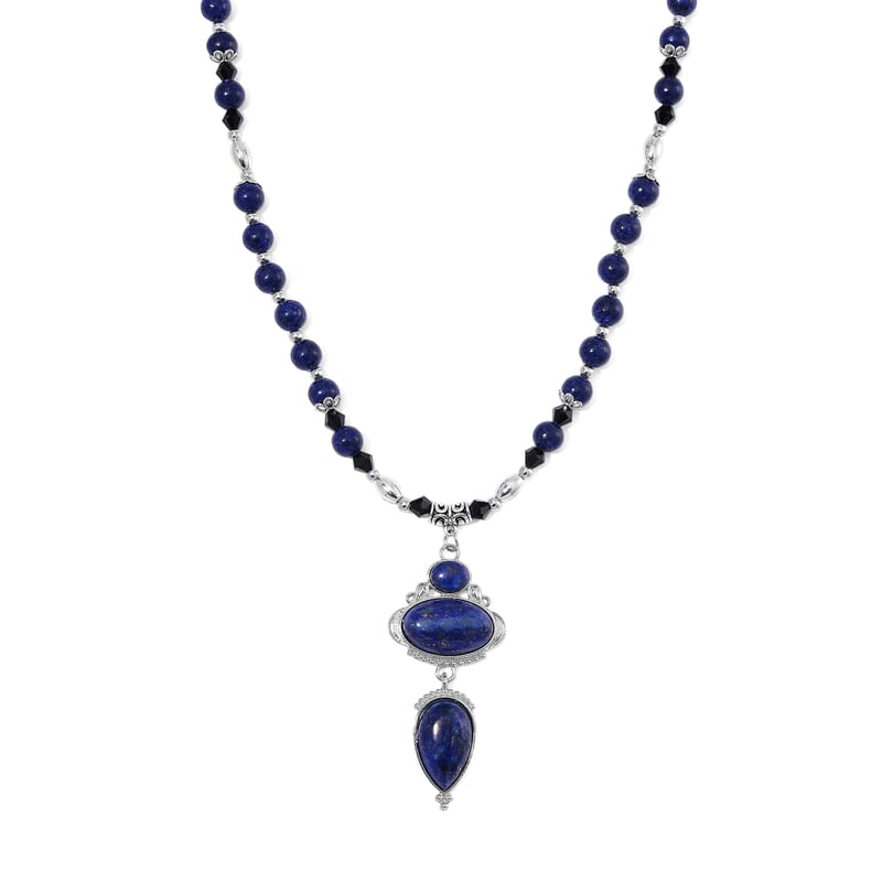 Lapis Lazuli 190.00 ctw and Black Glass Necklace in Silvertone 20 Inches