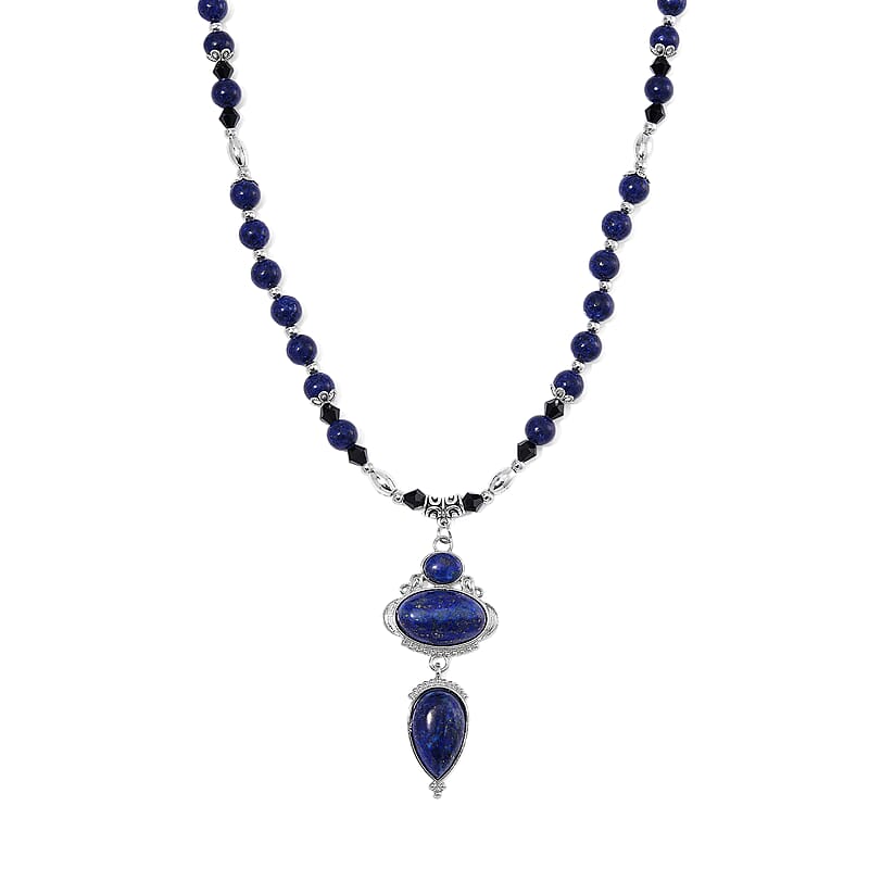 Lapis Lazuli 190.00 ctw and Black Glass Necklace in Silvertone 20 Inches