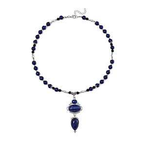 Lapis Lazuli 190.00 ctw and Black Glass Necklace in Silvertone 20 Inches