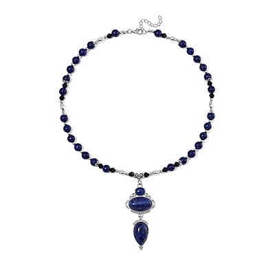 Lapis Lazuli 190.00 ctw and Black Glass Necklace in Silvertone 20 Inches