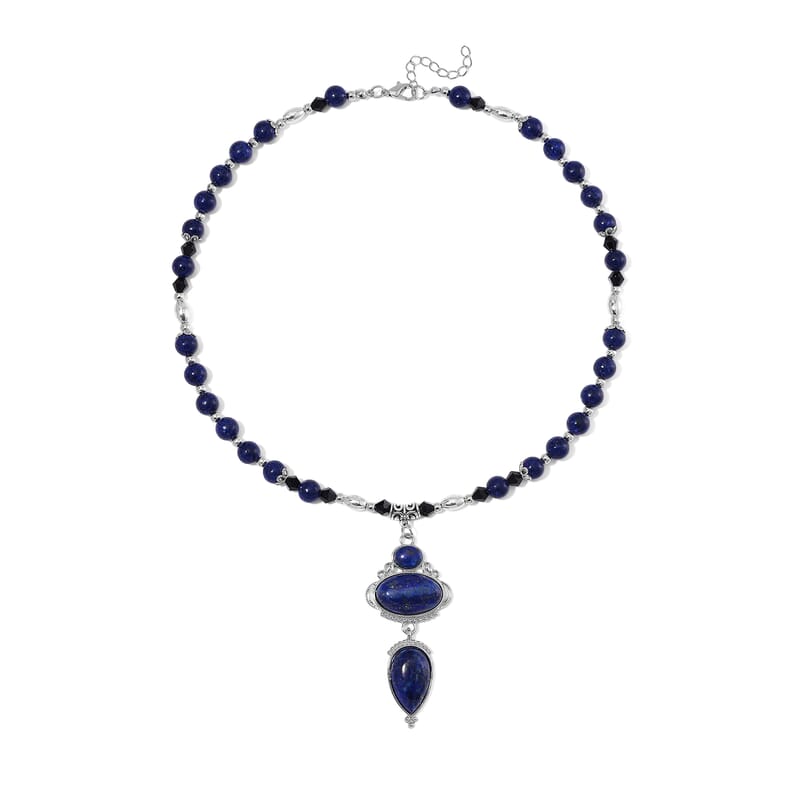 Lapis Lazuli 190.00 ctw and Black Glass Necklace in Silvertone 20 Inches