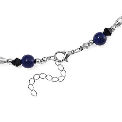 Lapis Lazuli 190.00 ctw and Black Glass Necklace in Silvertone 20 Inches