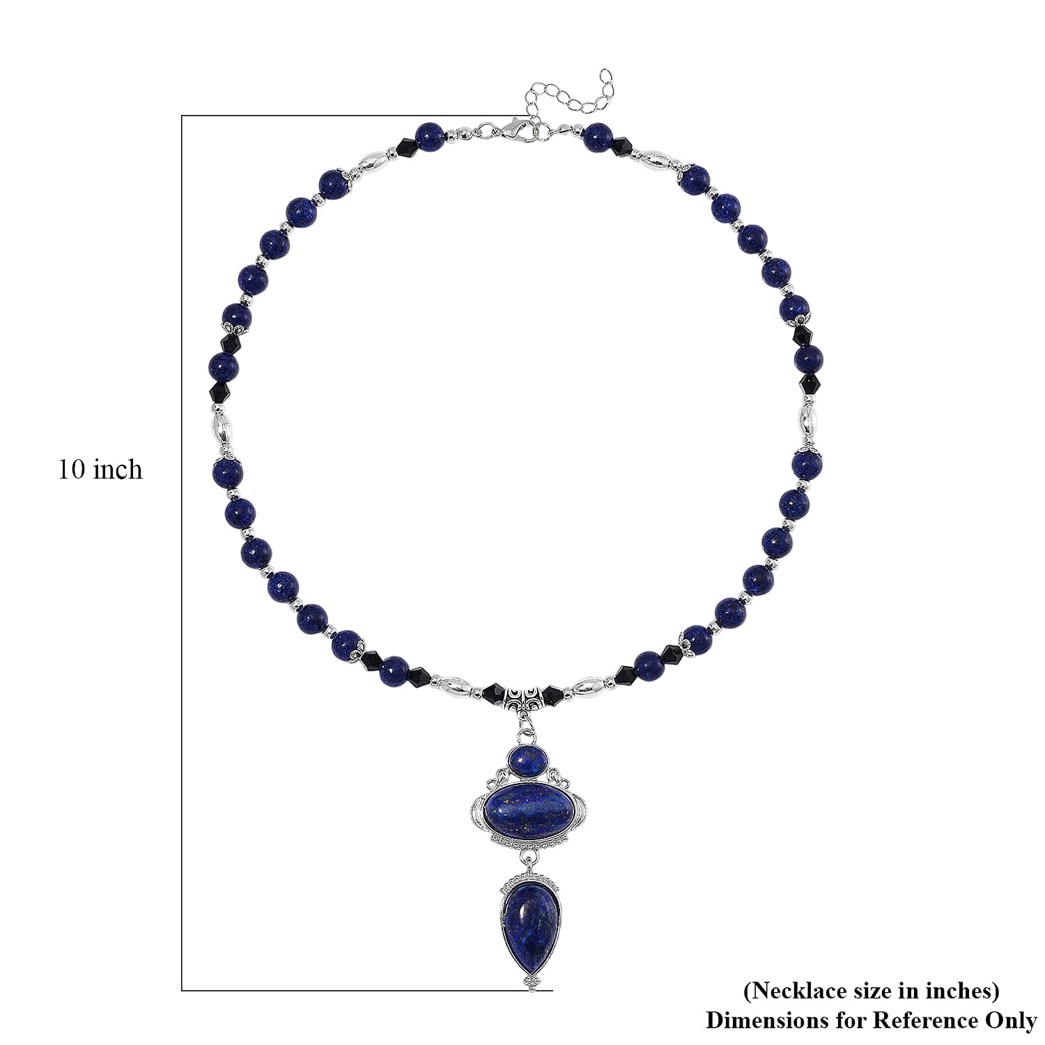 Lapis Lazuli 190.00 ctw and Black Glass Necklace in Silvertone 20 Inches