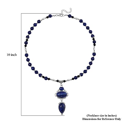 Lapis Lazuli 190.00 ctw and Black Glass Necklace in Silvertone 20 Inches