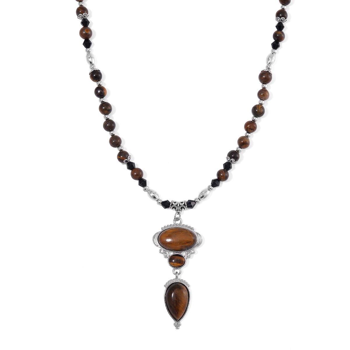 Tigers Eye 190.00 ctw and Black Glass Necklace in Silvertone 20 Inches image number 0