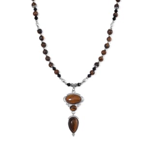 Tigers Eye 190.00 ctw and Black Glass Necklace in Silvertone 20 Inches