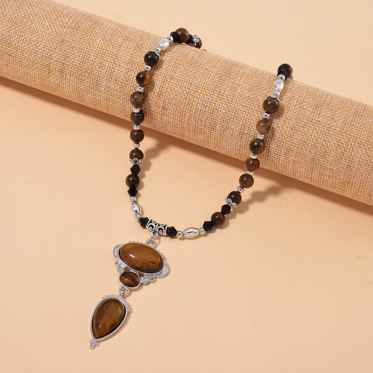 Tigers Eye 190.00 ctw and Black Glass Necklace in Silvertone 20 Inches image number 1