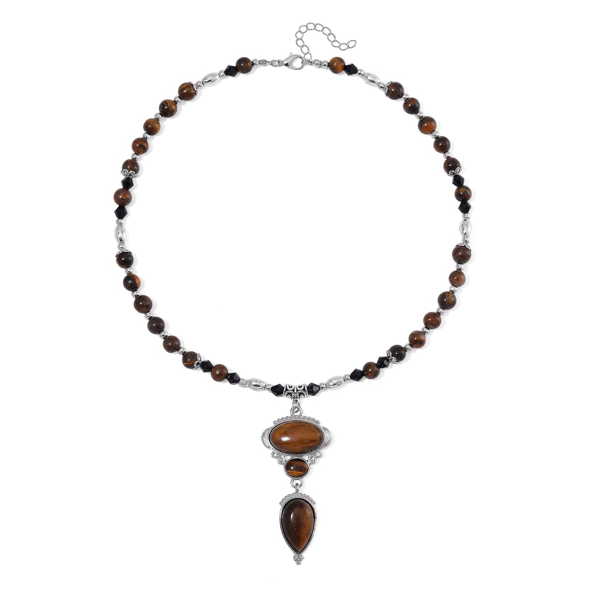 Tigers Eye 190.00 ctw and Black Glass Necklace in Silvertone 20 Inches image number 2