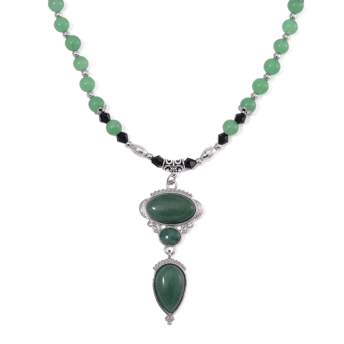 Green Aventurine 190.00 ctw and Black Glass Necklace in Silvertone 20 Inches image number 0