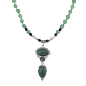 Green Aventurine 190.00 ctw and Black Glass Necklace in Silvertone 20 Inches