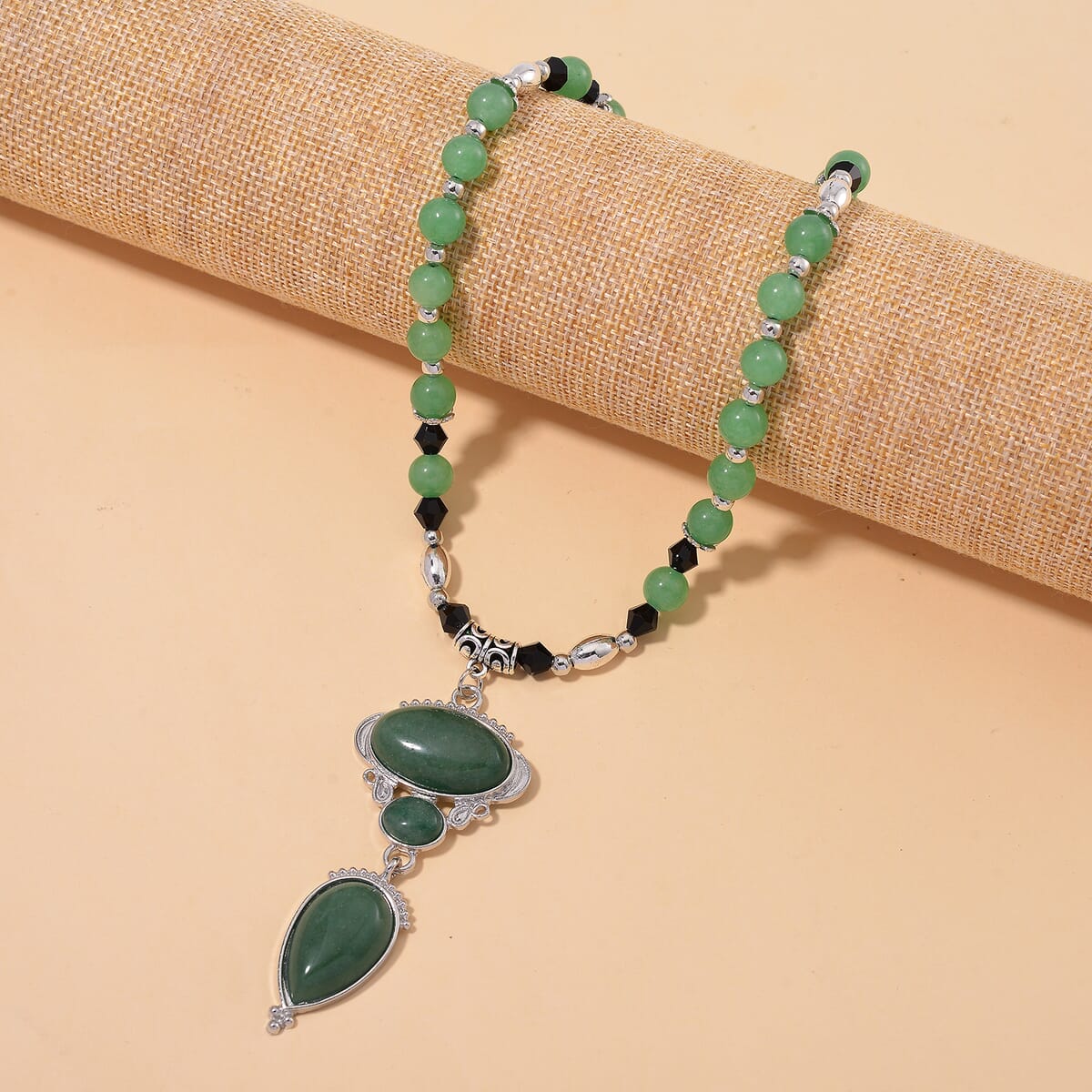 Green Aventurine 190.00 ctw and Black Glass Necklace in Silvertone 20 Inches image number 1