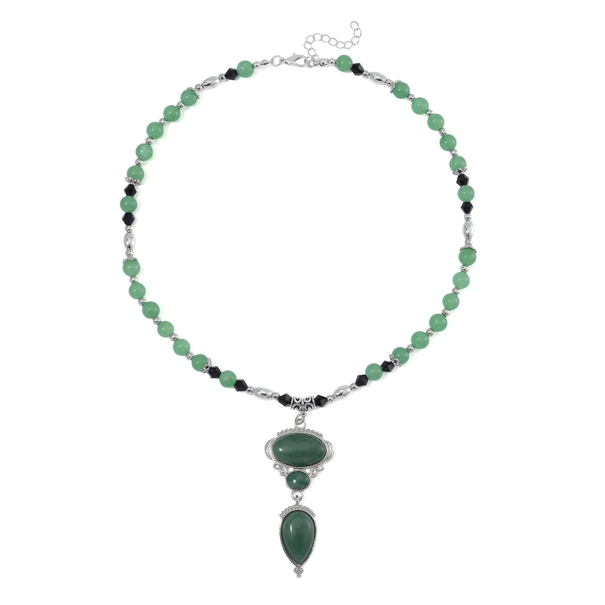 Green Aventurine 190.00 ctw and Black Glass Necklace in Silvertone 20 Inches image number 2
