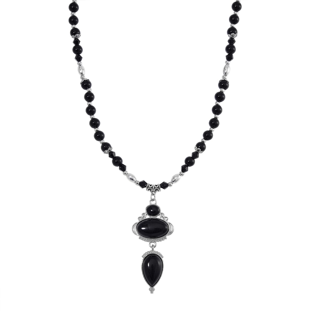 Black Obsidian 190.00 ctw and Black Glass Necklace in Silvertone 20 Inches image number 0