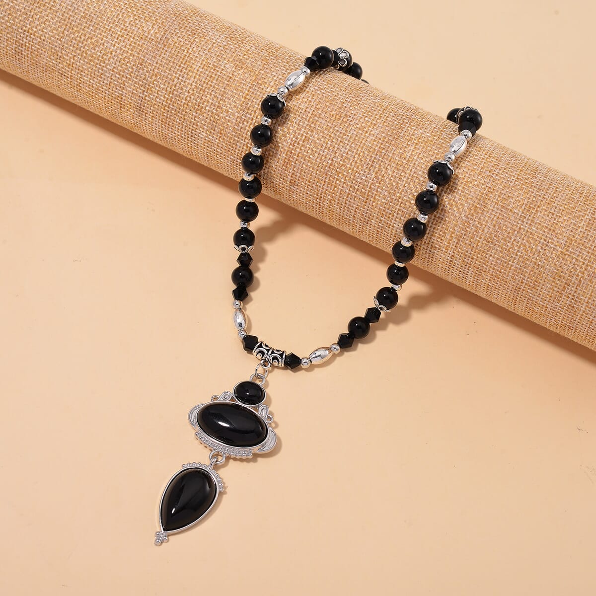 Black Obsidian 190.00 ctw and Black Glass Necklace in Silvertone 20 Inches image number 1