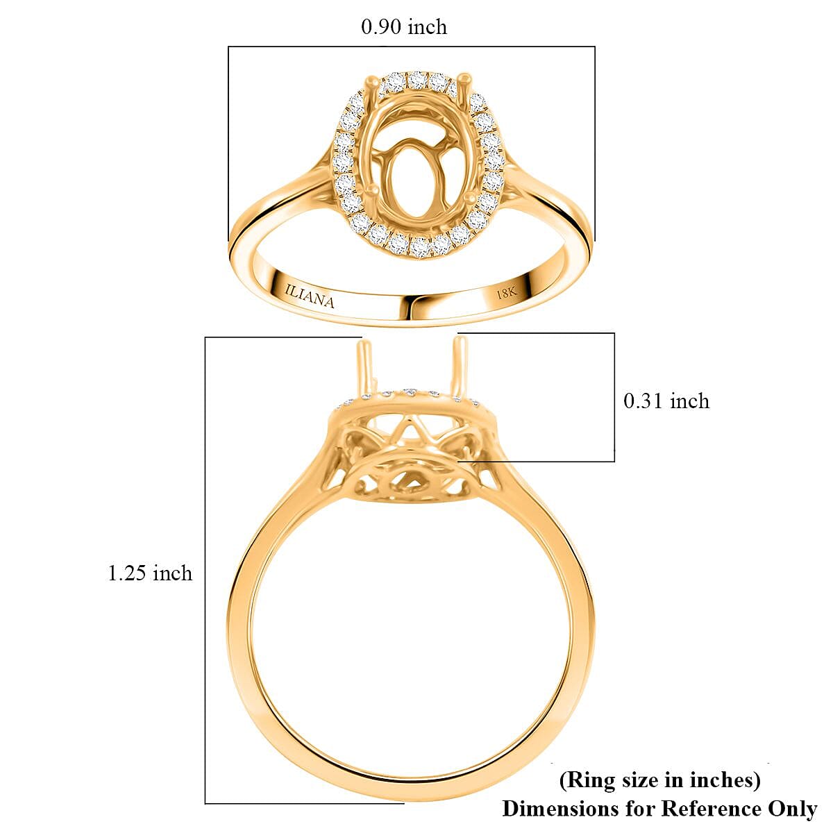 Iliana 18K Yellow Gold Diamond G-H SI Mounting Ring (Size 10.0) (Oval 9x7mm) 0.19 ctw