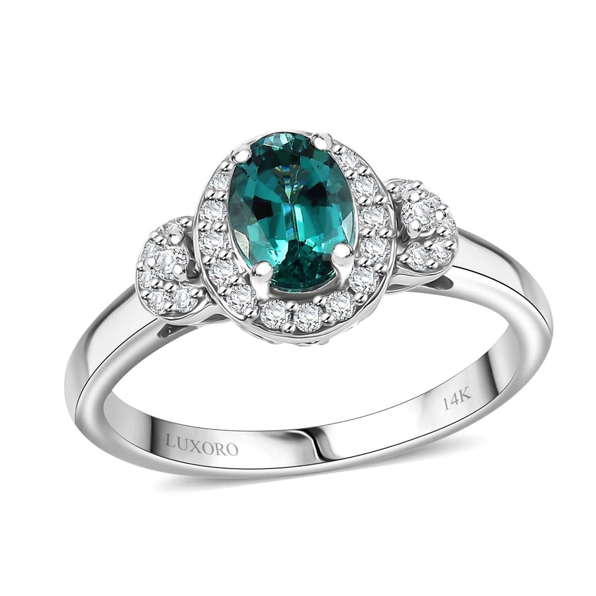 Certified & Appraised Luxoro AAA Pirineu Lagoon Tourmaline and I2 Diamond 1.07 ctw Ring in 14K White Gold (Size 10.0) image number 0