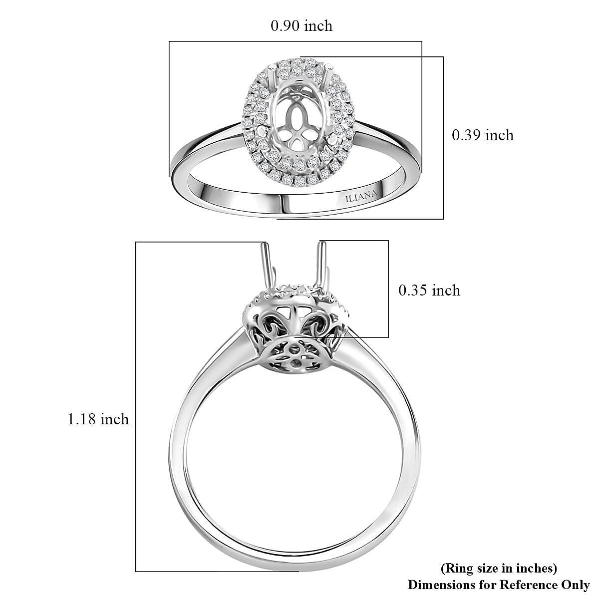 Iliana 18K White Gold Diamond G-H, SI Mounting Ring (Size 6.0) (Oval 7x5mm) 0.21 ctw